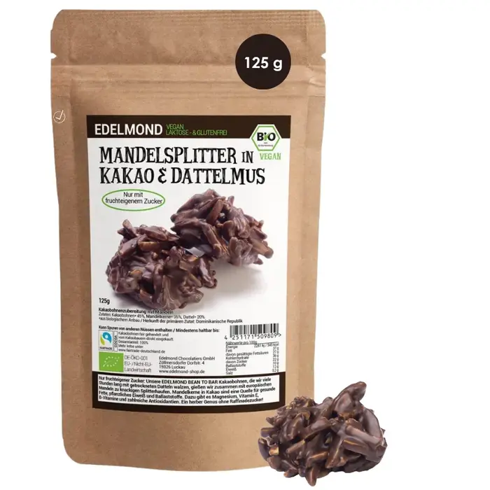 - Dattelschokolade mit Mandelsplittern Bio & Fair – Edelmond Chocolatiers