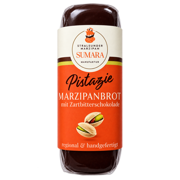 - SUMARA Stralsunder Marzipanbrot Pistazie mit Zartbitterschokolade – Marzipan mit 70 % kalifornischen Mandeln und feiner Pistaziennote, handgefertigt, 60 g