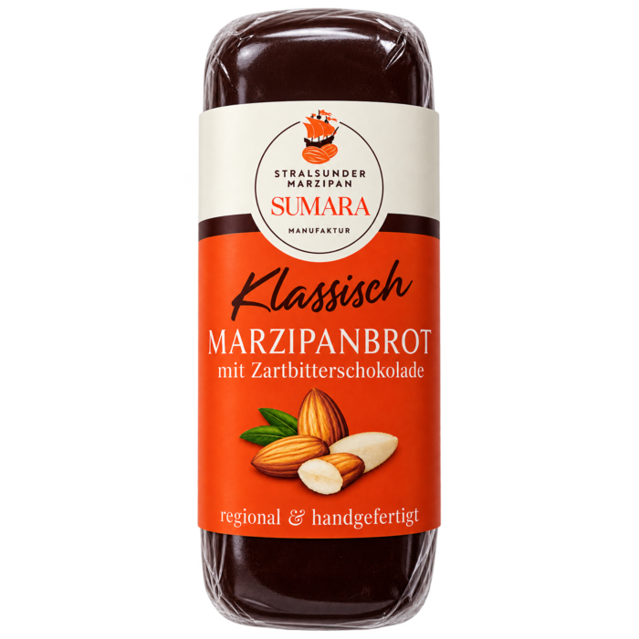 - SUMARA Stralsunder Marzipanbrot mit Zartbitterschokolade 58 % Kakao – handgefertigtes Marzipan mit 70 % kalifornischen Mandeln, vegan & laktosefrei, 60 g