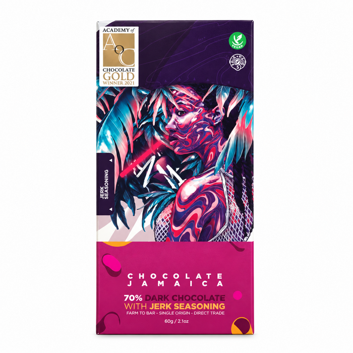 - Dunkle Schokolade mit Jerk-Gewürz 70 % Kakao