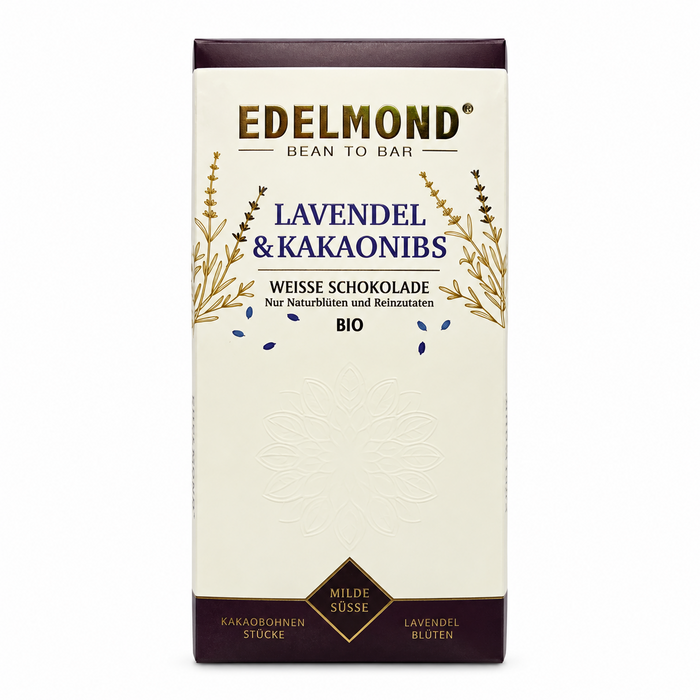 - Weiße Schokolade mit Lavendel & Kakao-Nibs