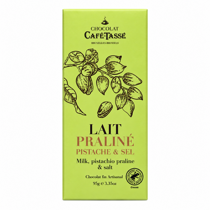 Café-Tasse Milchschokolade 38 % Kakao mit Pistazienpraliné & Meersalz, 95 g