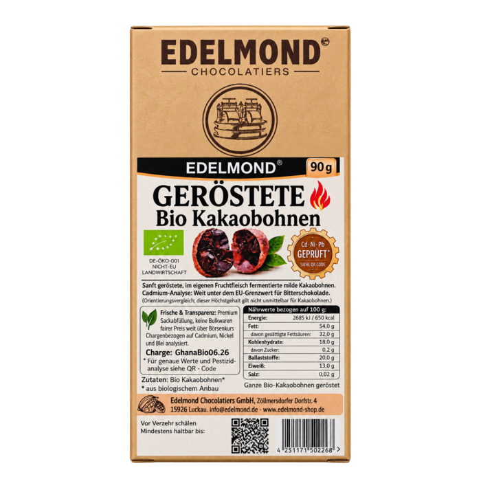 -  Edelmond Geröstete Bio-Kakaobohnen – ganze Kakaobohnen, 100 % Kakao, 90 g