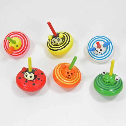 Wooden Animal Spinning Tops - Set of 6