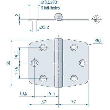 RVS Staartscharnier vlak - 60 x 74 mm
