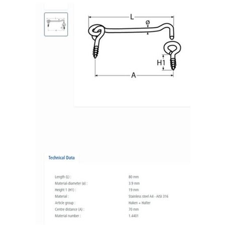 Kajuitdeur haak / RVS AISI 316