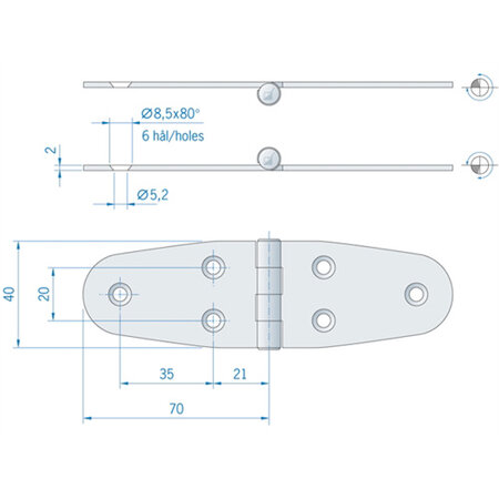 Roca staartscharnier vlak RVS 140 x 40mm