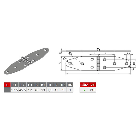 Staartscharnier vlak / RVS - 180 x 38 mm
