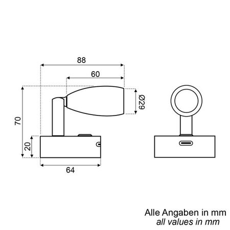 Talamex Led wandlamp Surya 10-30V dimbaar met USB-C snellader
