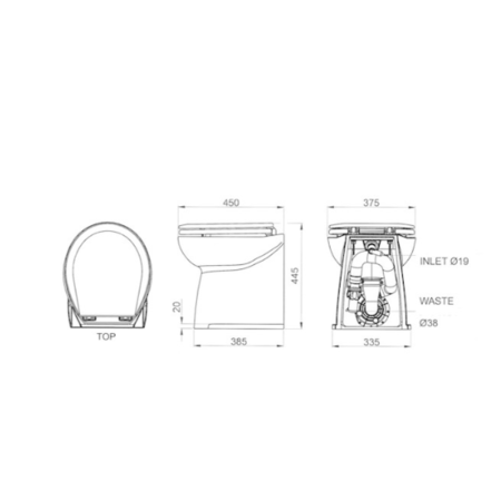 Jabsco De Luxe 17" elektr. toilet, recht met spoelwaterpomp soft closing