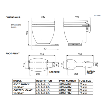 Jabsco LITE FLUSH elektr. toilet , 2-knops bedieningspaneel
