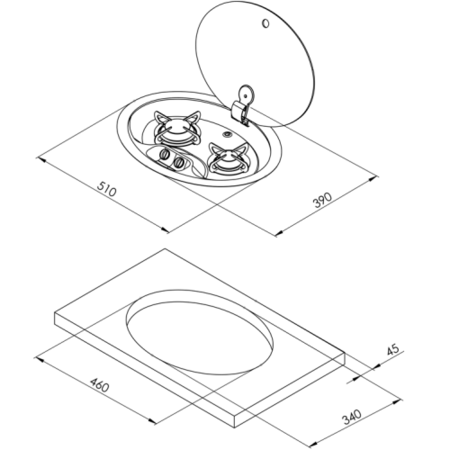allpa Gaskomfoor ovaal 2-pits gas inbouw met glasplaat