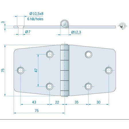 Roca staartscharnier vlak RVS 150 x 75 mm
