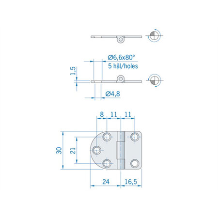 Roca vlakscharnier rond/recht RVS 40,5 x 30 mm