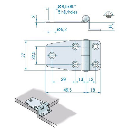 Roca staartscharnier hoek RVS 66 x 37 mm