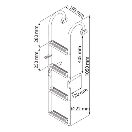 Opvouwbare ladder voor smalle achtersteken, 2+2 treden, inox 316, 180°