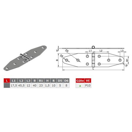 Staartscharnier vlak / RVS - 180 x 38 mm