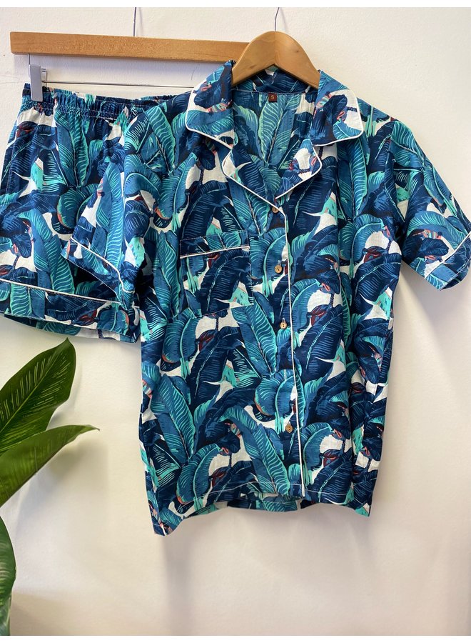 Cotton Short Pajama Set in Blue Banana Leaf