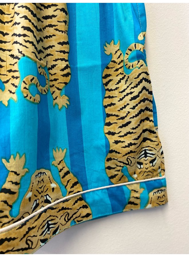 Cotton Short Pajamas in Turquoise Tiger