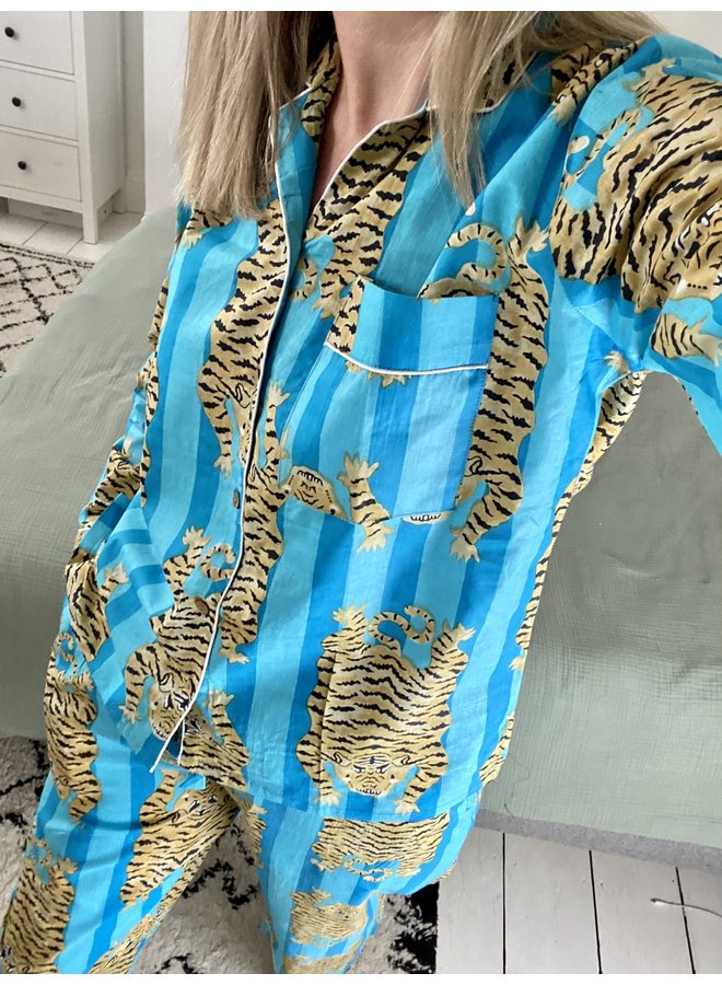 Long Pjs in Turquoise Tiger Print