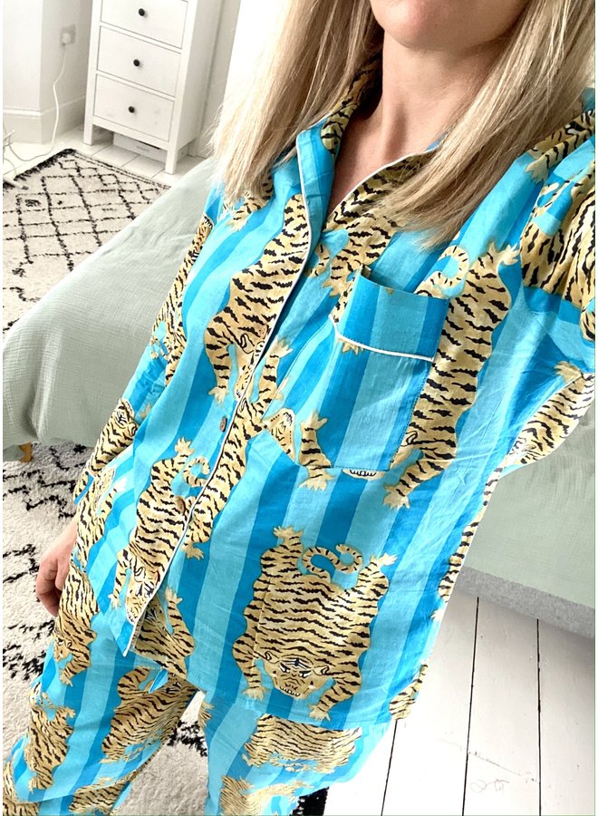 Long Pjs in Turquoise Tiger Print