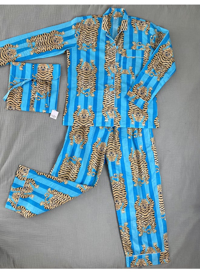 Long Pjs in Turquoise Tiger Print