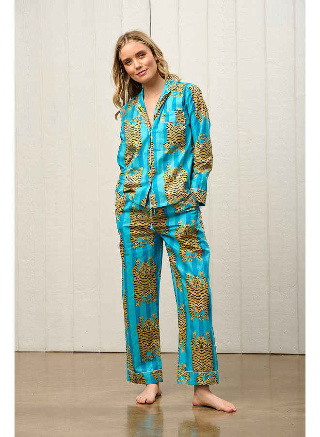 Long Pjs in Turquoise Tiger Print