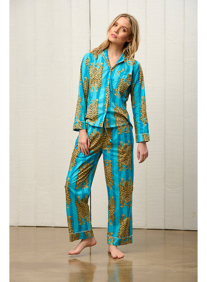 Long Pjs in Turquoise Tiger Print