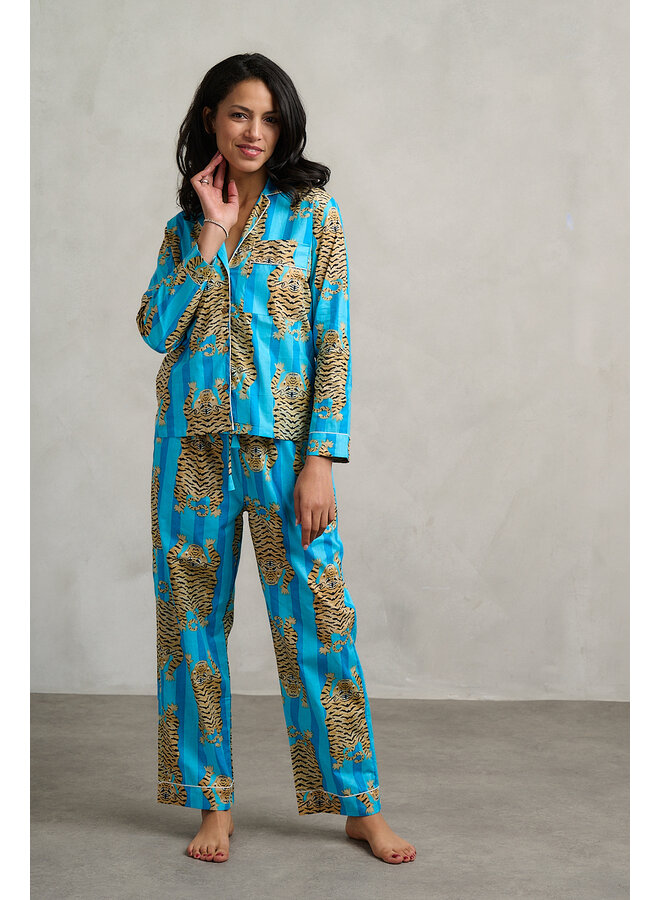 Long Pjs in Turquoise Tiger Print