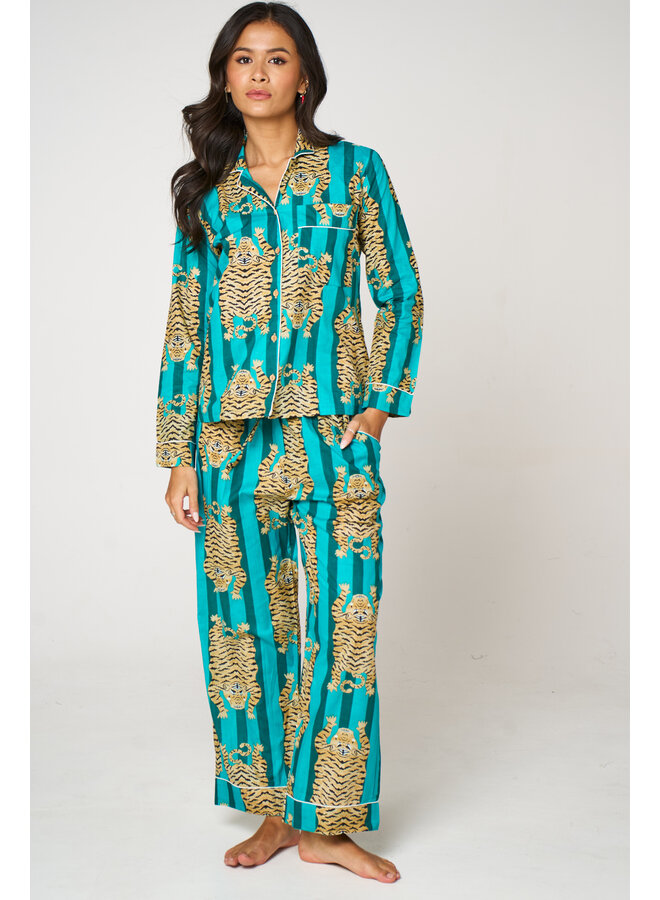 Long Cotton Pajama Set in Tiger Aqua