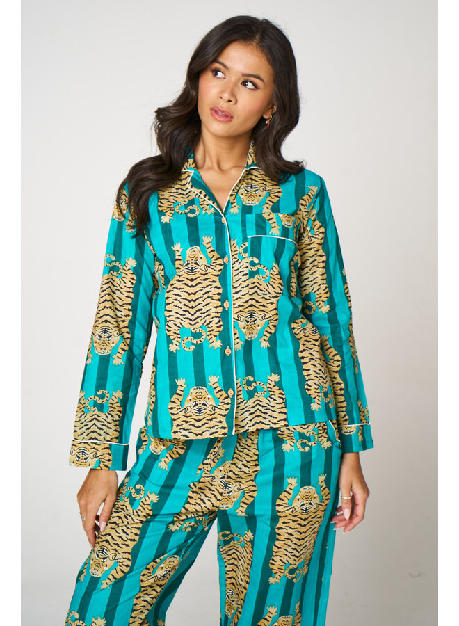Long Cotton Pyjama Set in Tiger Aqua