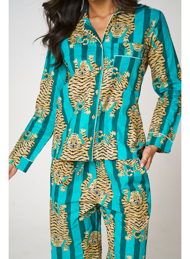 Long Cotton Pajama Set in Tiger Aqua