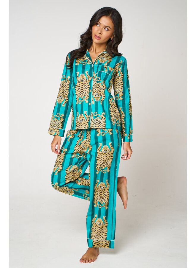 Long Cotton Pyjama Set in Tiger Aqua