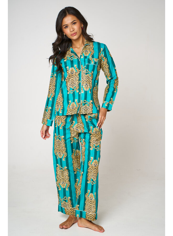 Long Cotton Pyjama Set in Tiger Aqua