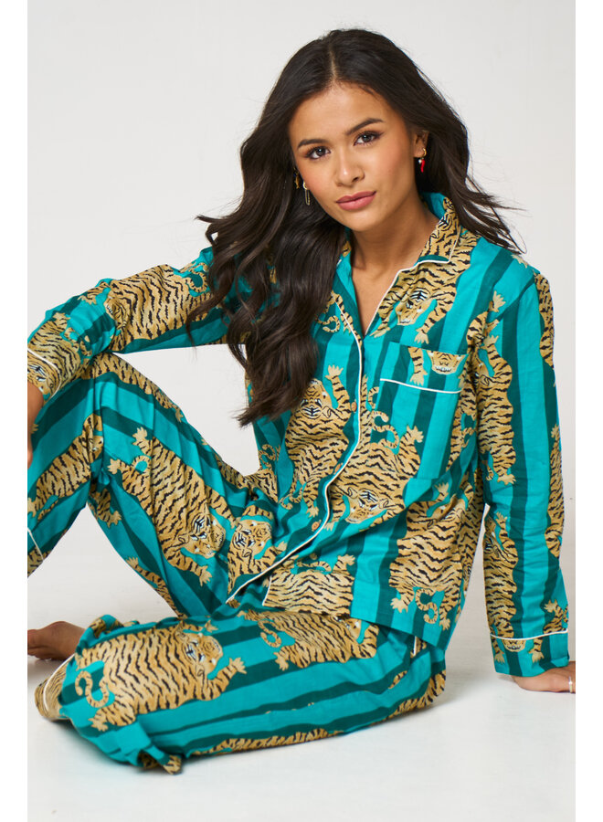 Long Cotton Pajama Set in Tiger Aqua