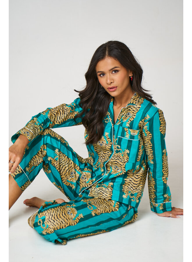 Long Cotton Pajama Set in Tiger Aqua