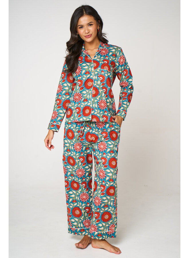 Long Cotton Pajama Set in Red Sun