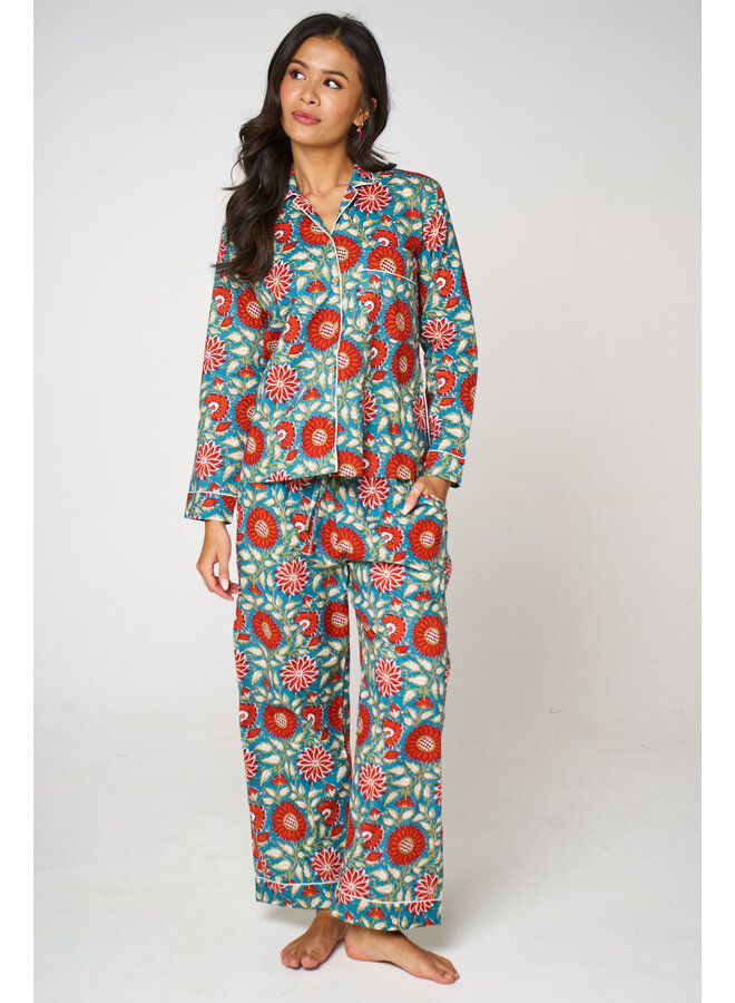 Long Cotton Pajama Set in Red Sun