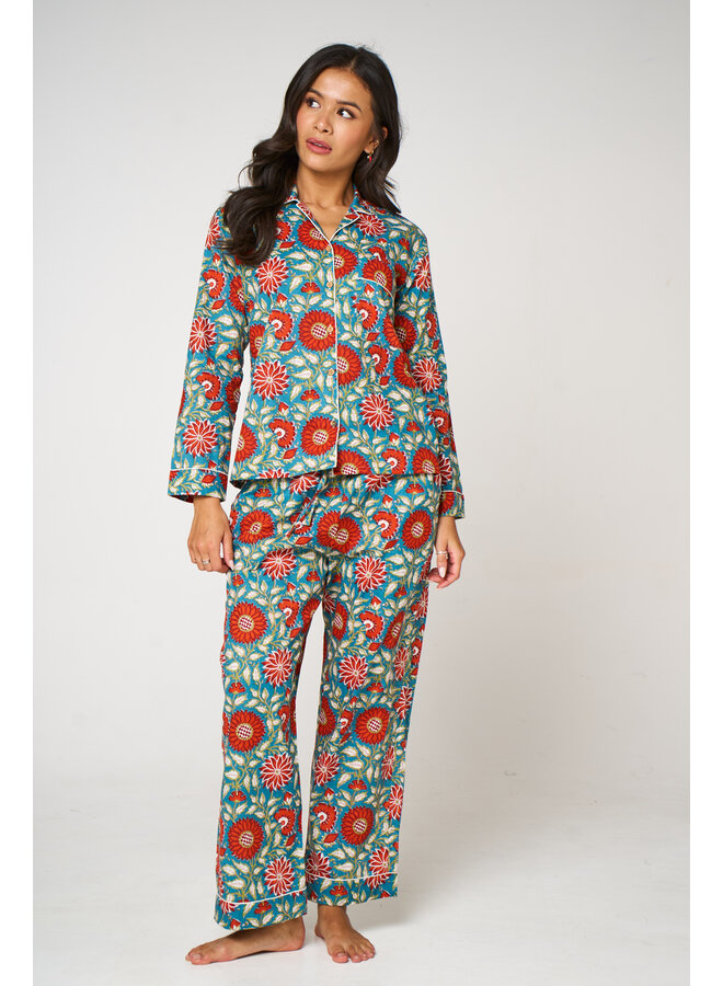 Long Cotton Pajama Set in Red Sun