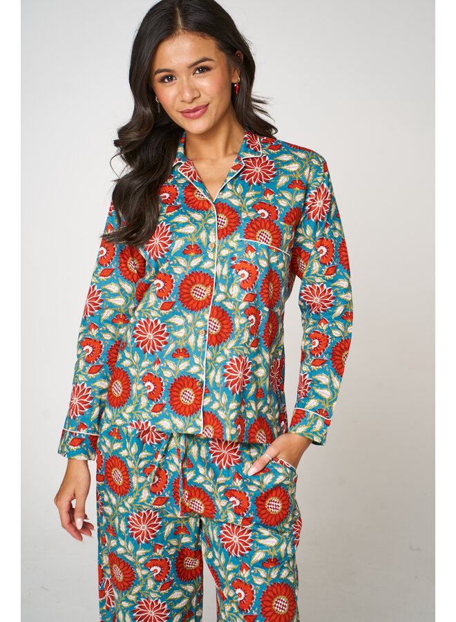 Long Cotton Pyjama Set in Red Sun