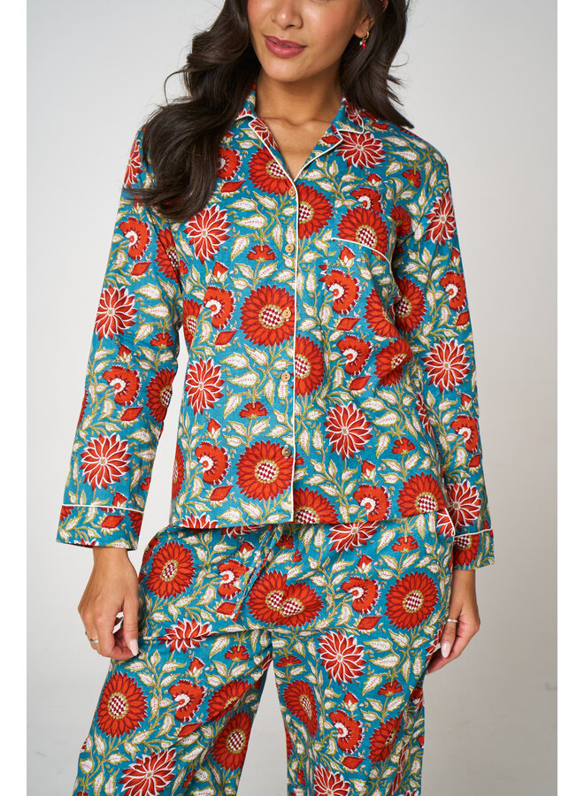 Long Cotton Pyjama Set in Red Sun