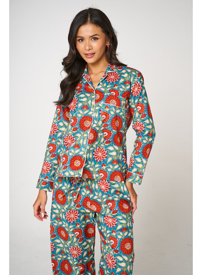 Long Cotton Pyjama Set in Red Sun