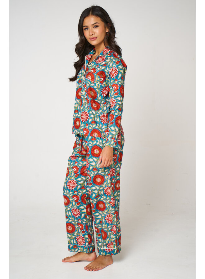 Long Cotton Pajama Set in Red Sun