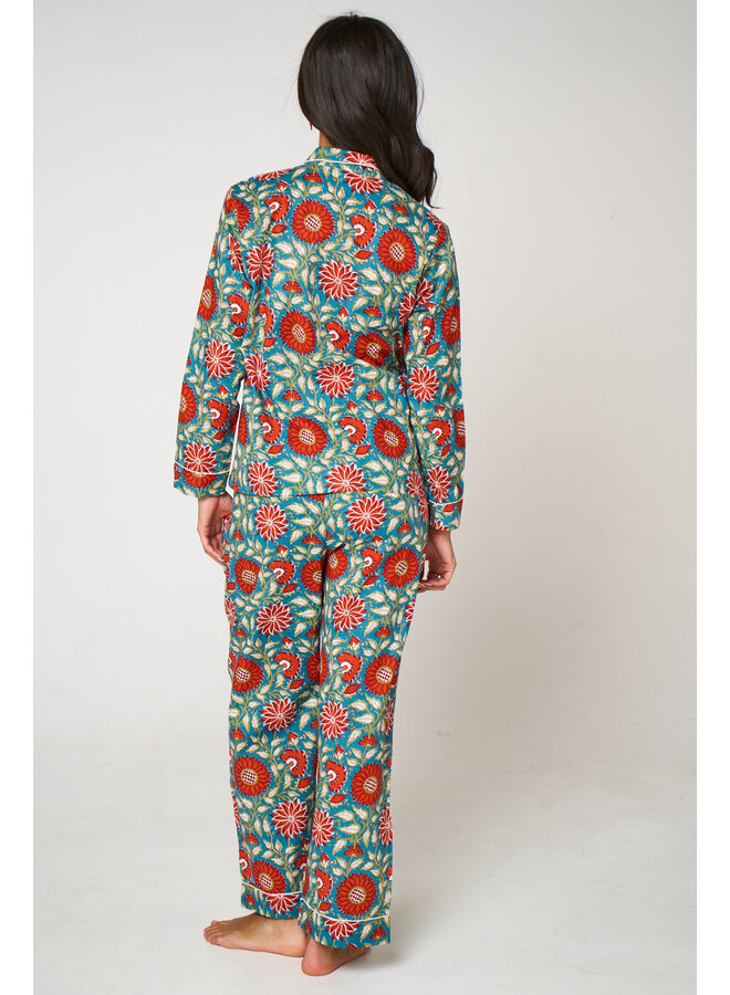 Long Cotton Pyjama Set in Red Sun