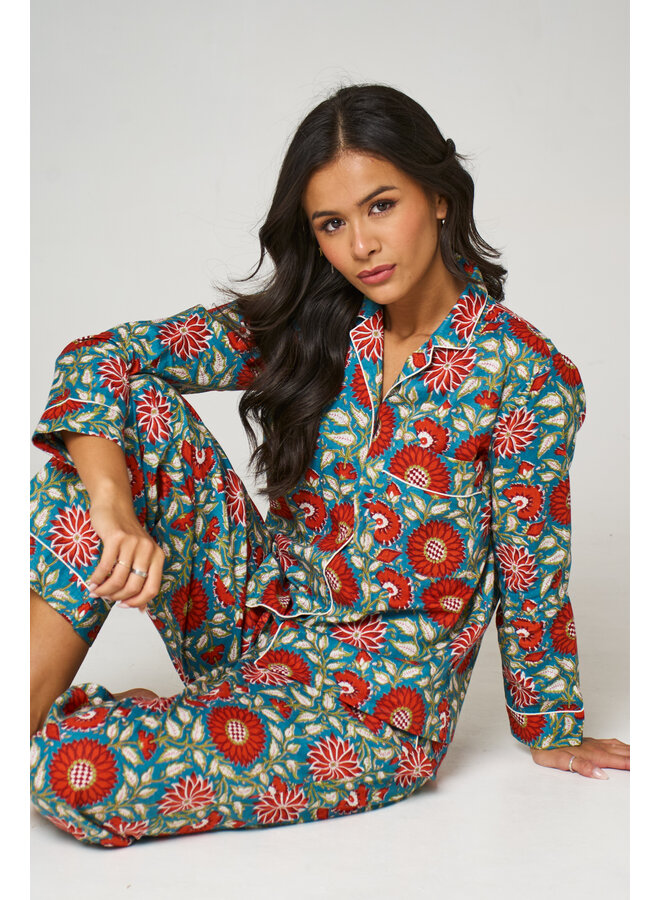 Long Cotton Pyjama Set in Red Sun