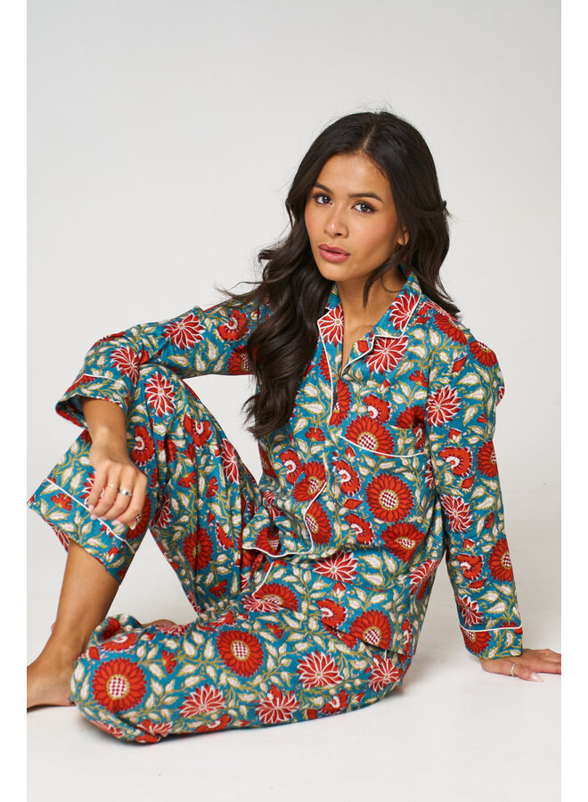 Long Cotton Pyjama Set in Red Sun