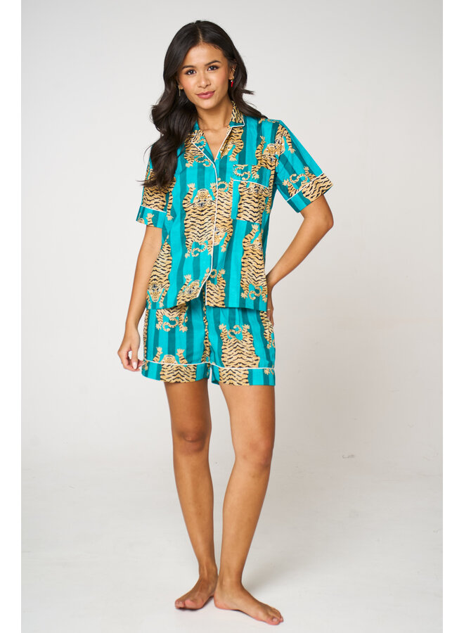 Short Cotton Pajama Set in Tiger Aqua