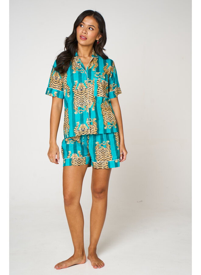 Short Cotton Pyjama Set in Tiger Aqua