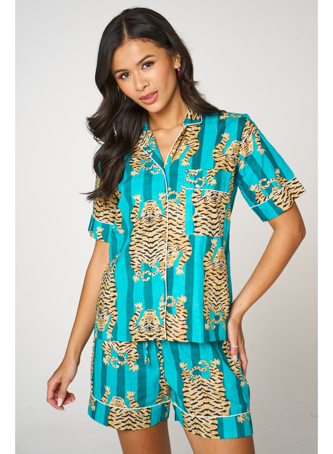 Short Cotton Pajama Set in Tiger Aqua