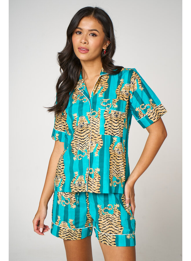 Short Cotton Pajama Set in Tiger Aqua